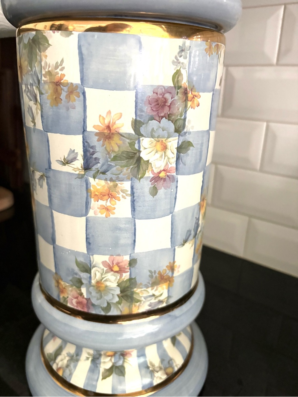 Mackenzie Childs Honeymoon Blue & White Floral Check Ceramic Jar with Gold Trim - Picture 4 of 8